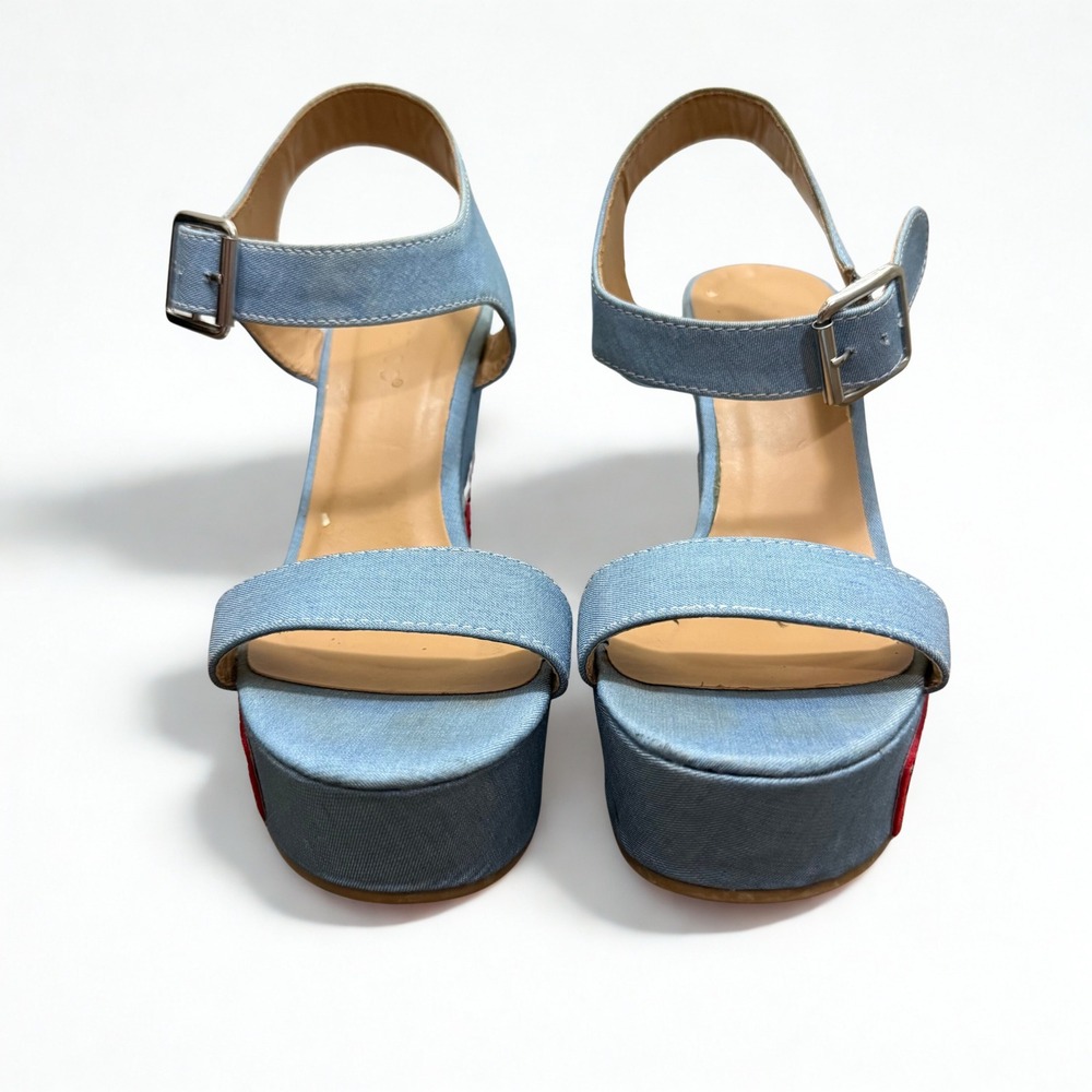 Bamboo Pop Art Womens Denim Patch Platform Wedge‎ Sandals Blue Bomb Heart Size 6 - Picture 3 of 6